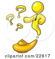 Clipart Illustration Of A Yellow Genie Man Emerging From A Golden Lamp With Question Marks by Leo Blanchette