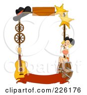Poster, Art Print Of Wild West Frame Of Barrels A Girl Stars Hat Wheels And Guitar With A Blank Banner