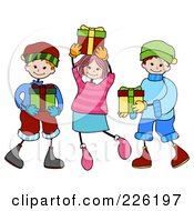 Poster, Art Print Of Stick Girl And Boys Carrying Christmas Presents