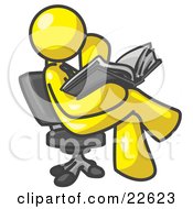 Poster, Art Print Of Yellow Man Sitting Cross Legged In A Chair And Reading A Book