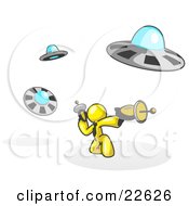 Poster, Art Print Of Yellow Man Fighting Off Ufos With Weapons