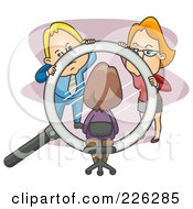 Business Man And Woman Looking At A Woman Closely Through A Magnifying Glass