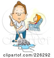 Woman Watching Tv While Her Husband Mops The Floor