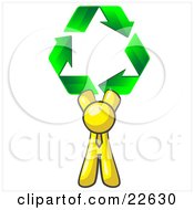 Poster, Art Print Of Yellow Man Holding Up Three Green Arrows Forming A Triangle And Moving In A Clockwise Motion Symbolizing Renewable Energy And Recycling