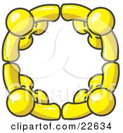 Clipart Illustration Of Four Yellow People Standing In A Circle And Holding Hands For Teamwork And Unity