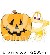 Poster, Art Print Of Star School Mascot Standing By A Halloween Pumpkin