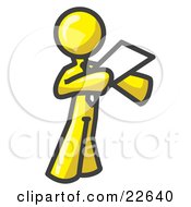 Clipart Illustration Of A Yellow Businessman Holding A Piece Of Paper During A Speech Or Presentation