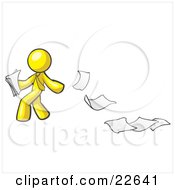 Poster, Art Print Of Yellow Man Dropping White Sheets Of Paper On A Ground And Leaving A Paper Trail Symbolizing Waste