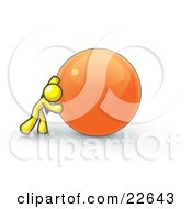 Poster, Art Print Of Strong Yellow Business Man Pushing An Orange Sphere