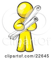 Clipart Illustration Of A Yellow Man Architect Carrying Rolled Blue Prints And Plans