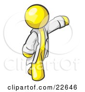 Yellow Scientist Veterinarian Or Doctor Man Waving And Wearing A White Lab Coat by Leo Blanchette