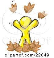 Poster, Art Print Of Carefree Yellow Man Tossing Up Autumn Leaves In The Air Symbolizing Happiness And Freedom