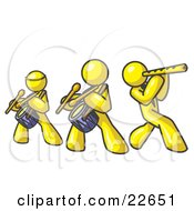 Three Yellow Men Playing Flutes And Drums At A Music Concert