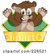 Bear Cub School Mascot Logo Over A Green Diamond And Blank Gold Banner