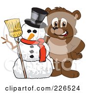 Royalty Free RF Clipart Illustration Of A Bear Cub School Mascot With A Snowman