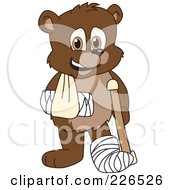 Royalty Free RF Clipart Illustration Of A Bear Cub School Mascot With A Sling Cast And Crutch