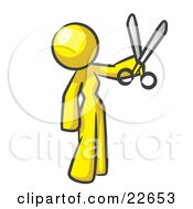 Yellow Woman Standing And Holing Up A Pair Of Scissors by Leo Blanchette