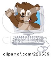 Poster, Art Print Of Bear Cub School Mascot Waving In A Computer Screen