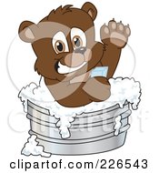 Poster, Art Print Of Bear Cub School Mascot Bathing In A Metal Tub