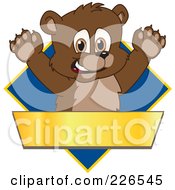 Royalty Free RF Clipart Illustration Of A Bear Cub School Mascot Logo Over A Blue Diamond And Blank Gold Banner