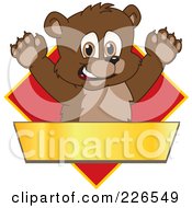 Royalty Free RF Clipart Illustration Of A Bear Cub School Mascot Logo Over A Red Diamond And Blank Gold Banner