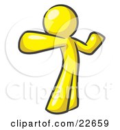 Clipart Illustration Of A Yellow Man Stretching His Arms And Back Or Punching The Air