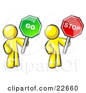 Yellow Men Holding Red And Green Stop And Go Signs