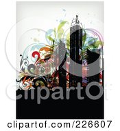 Royalty Free RF Clipart Illustration Of Silhouetted Skyscrapers Over Colorful Splatters And Foliage