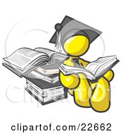 Clipart Illustration Of A Yellow Male Student In A Graduation Cap Reading A Book And Leaning Against A Stack Of Books by Leo Blanchette