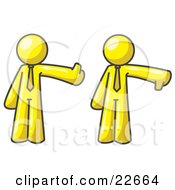 Clipart Illustration Of A Yellow Business Man Giving The Thumbs Up Then The Thumbs Down by Leo Blanchette