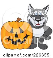 Poster, Art Print Of Husky School Mascot With A Halloween Pumpkin