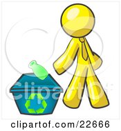 Poster, Art Print Of Yellow Man Tossing A Plastic Container Into A Recycle Bin Symbolizing Someone Doing Their Part To Help The Environment And To Be Earth Friendly