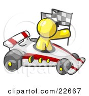 Poster, Art Print Of Yellow Man Driving A Fast Race Car Past Flags While Racing