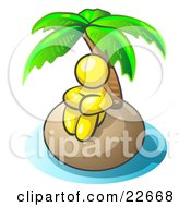 Yellow Man Sitting All Alone With A Palm Tree On A Deserted Island