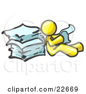 Yellow Man Leaning Against A Stack Of Papers