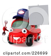 Royalty Free RF Clipart Illustration Of A 3d Red Automobile Mechanic Holding A Wrench And A Blank Sign