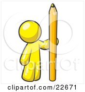 Yellow Man Holding Up And Standing Beside A Giant Yellow Number Two Pencil by Leo Blanchette