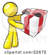 Poster, Art Print Of Thoughtful Yellow Man Holding A Christmas Birthday Valentines Day Or Anniversary Gift Wrapped In White Paper With Red Ribbon And A Bow