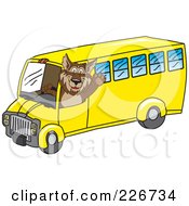Wolf School Mascot Waving And Driving A School Bus