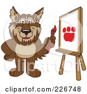 Poster, Art Print Of Wolf School Mascot Painting A Paw Print On Canvas