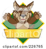 Wolf School Mascot Over A Green Diamond And Blank Gold Banner
