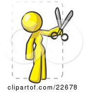 Poster, Art Print Of Yellow Lady Character Snipping Out A Coupon With A Pair Of Scissors Before Going Shopping
