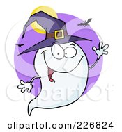 Poster, Art Print Of Cute Halloween Ghost Wearing A Witch Hat And Waving Over A Purple Circle