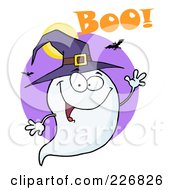 Poster, Art Print Of Halloween Ghost Wearing A Witch Hat And Waving Over A Purple Circle With Boo