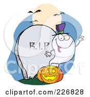Poster, Art Print Of Waving Halloween Ghost Wearing A Witch Hat Over A Pumpkin By A Tombstone
