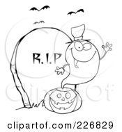 Poster, Art Print Of Coloring Page Outline Of A Halloween Ghost Wearing A Witch Hat And Waving Over A Pumpkin By A Tombstone