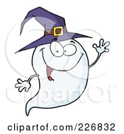 Cute Halloween Ghost Wearing A Purple Witch Hat And Waving