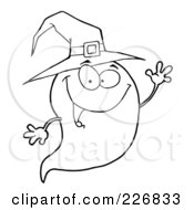 Royalty Free RF Clipart Illustration Of A Coloring Page Outline Of A Cute Halloween Ghost Wearing A Witch Hat And Waving by Hit Toon