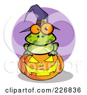 Poster, Art Print Of Spotted Frog Wearing A Witch Hat And Sitting On A Pumpkin