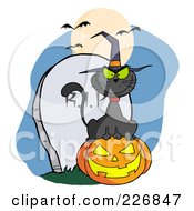 Poster, Art Print Of Black Cat Wearing A Witch Hat And Sitting On A Jackolantern By A Tombstone
